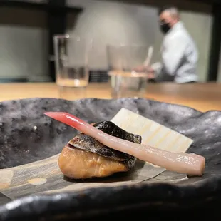 Grilled Spanish  mackerel  and a picketed root