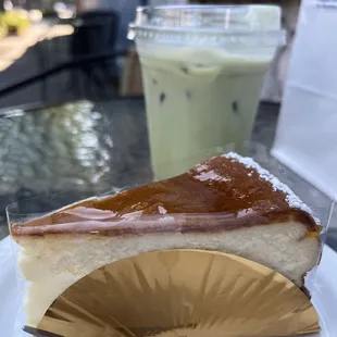 Soufflé cheesecake and iced matcha latte with oat milk