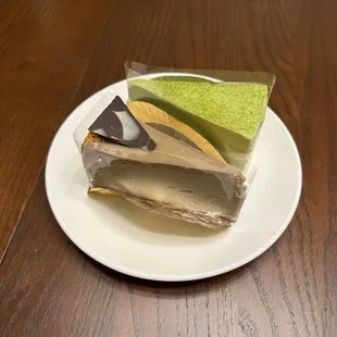 Matcha tiramisu, hojicha cheesecake