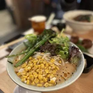 Vegan Ramen w/ sesame miso broth, broccolini, corn, tofu and bean sprouts