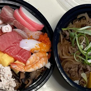 Chirashi sushi and gyu don