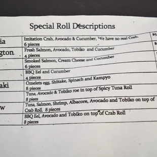 Special Roll Menu