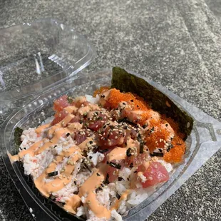 Open faced sushi with Hawaiian poke, fish roe, and krab salad