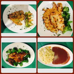 Tuna steak with shrimps 
Grilled  chicken breast.
Pollo ala Hispa  1/4 oven chicken