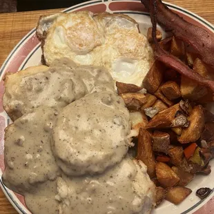 Biscuits and Gravy with a side of bacon