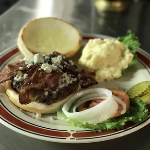 Black n bleu half pound burger with potato salad