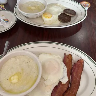 The best grits, over easy eggs and yummy bacon and sausage. I wish I could eat this again right now.