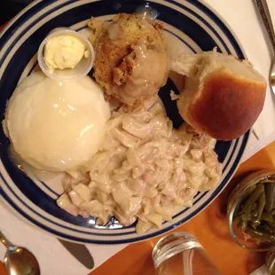Chicken and noodles, mashed potatoes, dressing, green beans, and warm roll. $10 Sunday special.