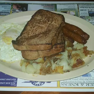 We serve breakfast ALL DAY. Eggs, home fries, sausage links, and homemade wheat toast!