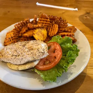 Grilled chicken sandwich and sweet potato fries