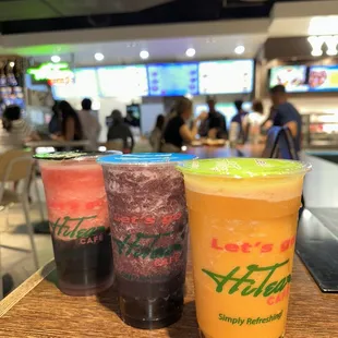 Fresh fruit Smoothies: Watermelon grass jelly (left), blueberry banana with boba (center), mango and boba (right)! With honey; no sugar!