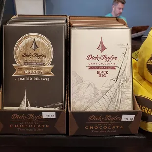 Whiskey flavored chocolate and black fig flavored chocolate