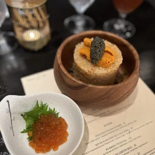 Uni caviar on sushi rice w/ miso &amp; flying fish roe, ikura