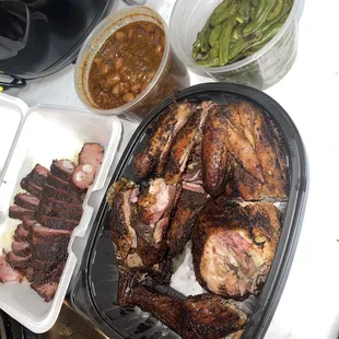 Whole chicken $7 rib tips, brisket baked beans and grilled green beans