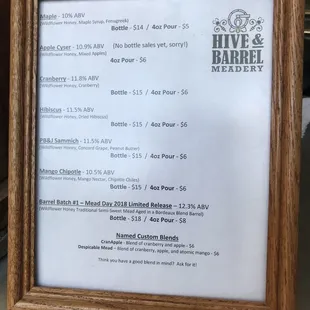 menu and price list