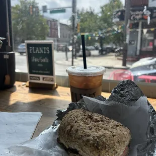 Iced vanilla latte, Philly breakfast sandwich