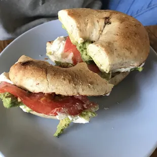 Tomato, mozzarella, avocado on bagel