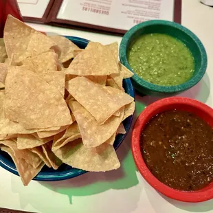 Chips and salsa. Green sauce had an off taste. Sweet? Pineapple? Not sure.