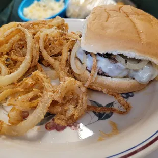 Mushroom Swiss Burger &amp; Onion Rings