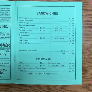 Sandwich menu