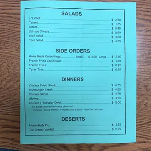 Dinners, salads, sides menu