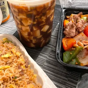 a meal of rice, meat and vegetables