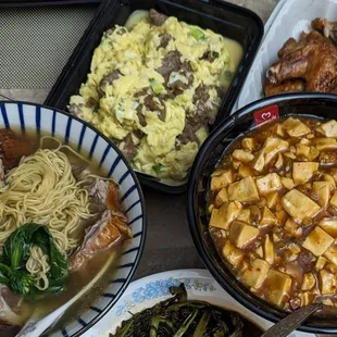 Egg noodle soup, beef and egg, mapo tofu, &amp; roast duck
