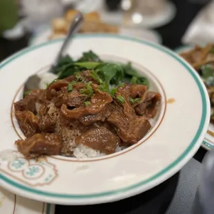 a plate of beef and broccoli