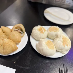 Deep fried pork dumplings, pan fried buns