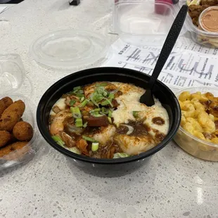 Hugh puppies, shrimp and grits, Mac