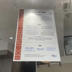 a menu hanging from the ceiling