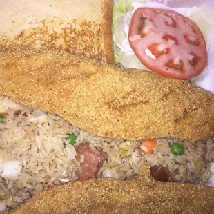 2 pieces of very slim catfish, combo rice, and a &quot;salad&quot;