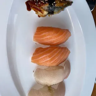 Salmon, yellowtail, eel sushi