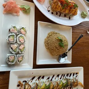 California rolls, Crab Dynamite ,Dancing eel rolls and  a side of fried rice.