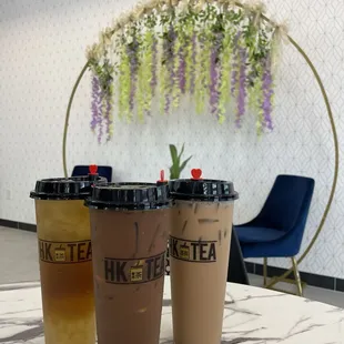 wintermelon fruit tea with chrysanthemum, hk lemonade, hk milk tea