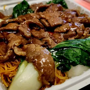 Beef and tender greens HK pan fried noodles
