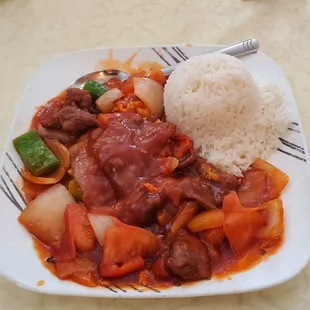 Tomato beef rice plate $12.95