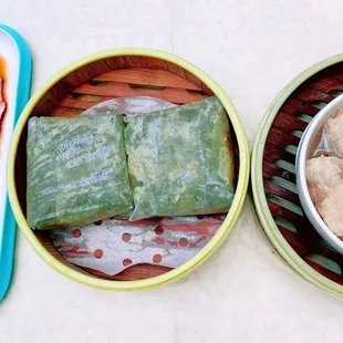 Shrimp Rice Noodle Rolls; Steamed Sticky Rice in Lotus Leaf;  Simmer Bean Curd Skin Rolls