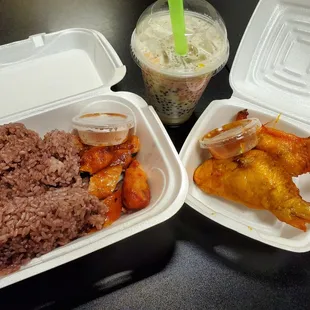 two takeout containers of food and a drink