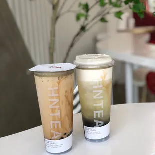 Mountain Rock Tea Latte and Cheese Cap Jasmine Green with boba. 50% sweet was definitely sweet enough