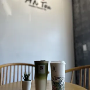 Jasmine green tea with boba &amp; Macha green tea with oat milk