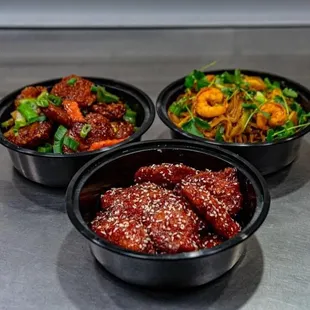 Left - general tso shrimp, middle - sesame shrimp, right - shrimp pad Thai curry style