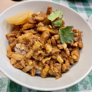 Small pork rice with jammy soy egg