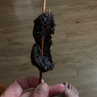 a person holding a stick of food