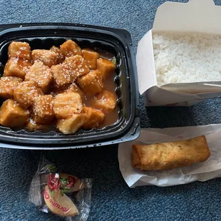 Sesame tofu with rice and egg roll.