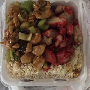 Teriyaki chicken, mushroom chicken and fried rice.