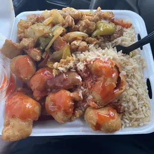 chicken and rice in a styrofoam container