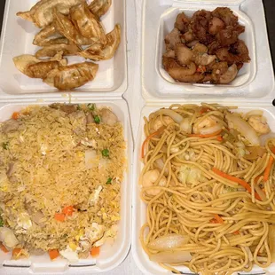 Pot Stickers, Chicken Satay, Chicken Fried Rice and Shrimp Lo Mein