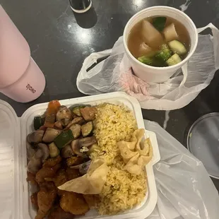 Fried rice, wonton soup, orange chicken, mushroom chicken