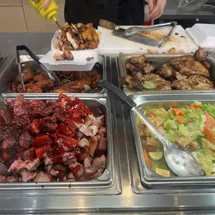 Fresh food, filled to the top. Bbq pork, cabbage, teriyaki chicken